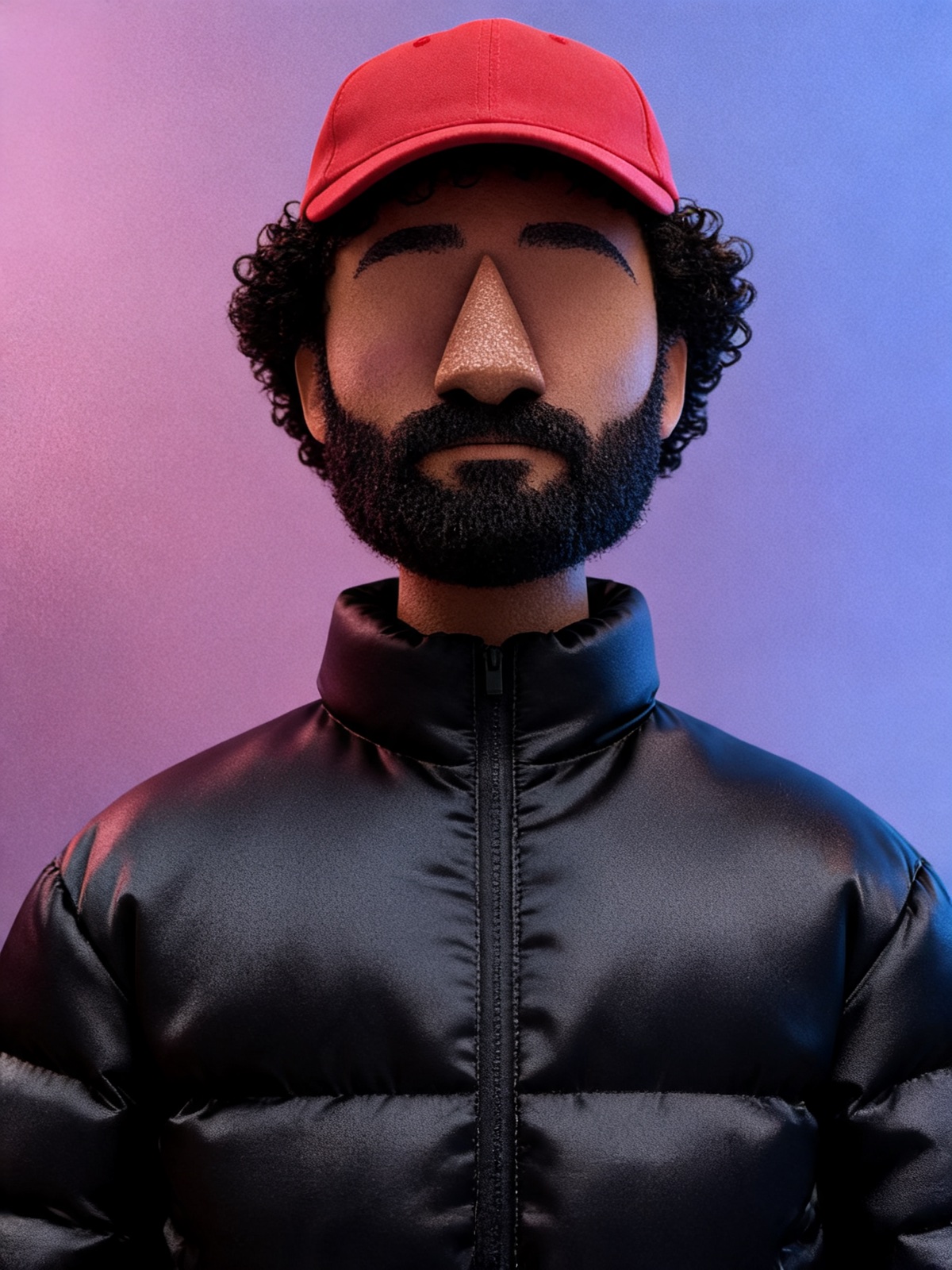 Felt-textured puppet character in a black puffer jacket