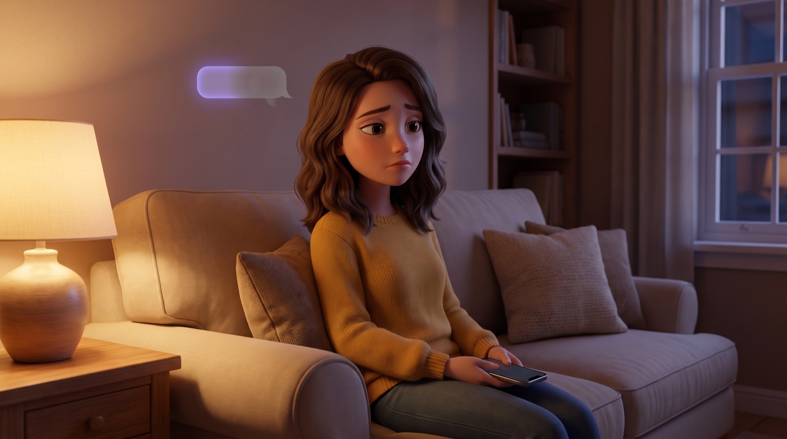 3D animated girl on a sofa looking at her phone