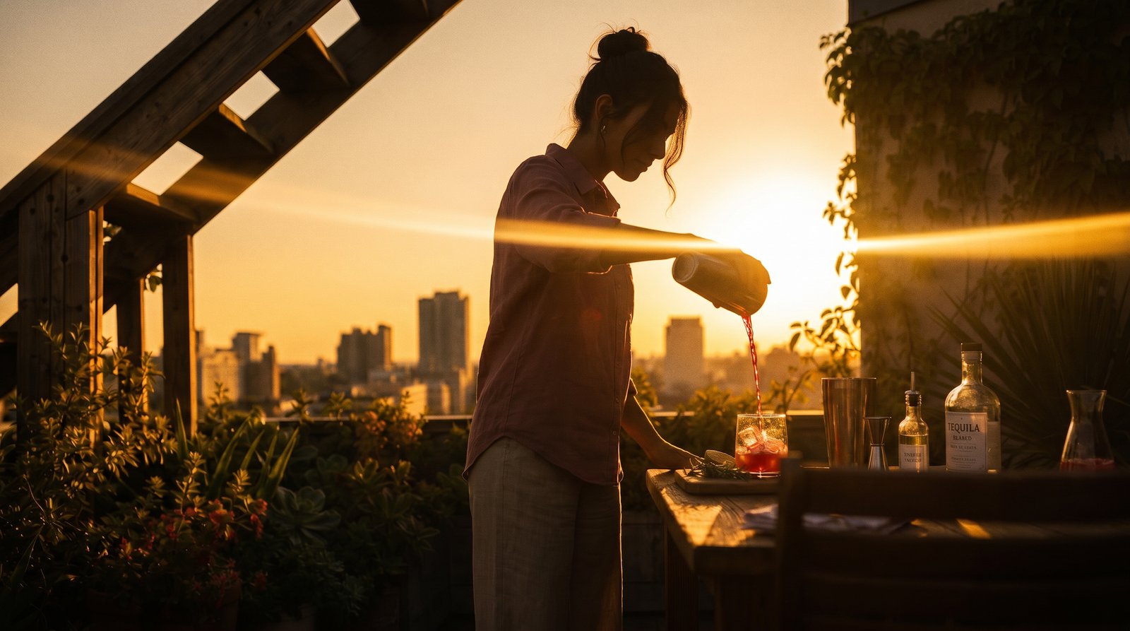 Silhouette mixing drinks on a rooftop at sunset