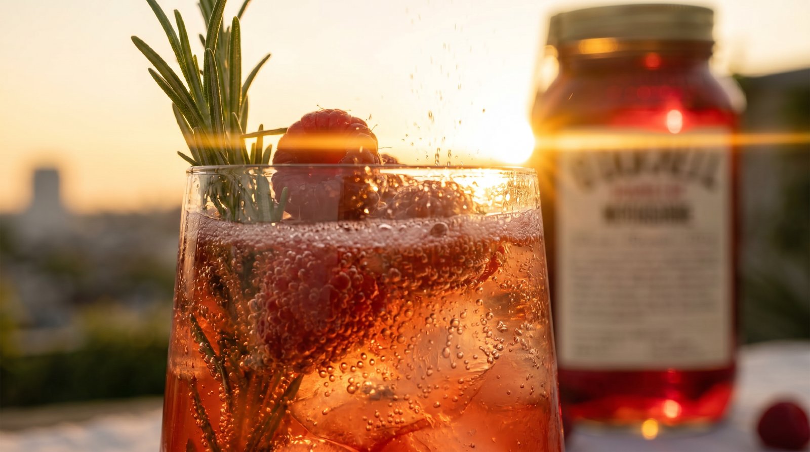 Raspberry cocktail beside an O'Donnell Moonshine jar